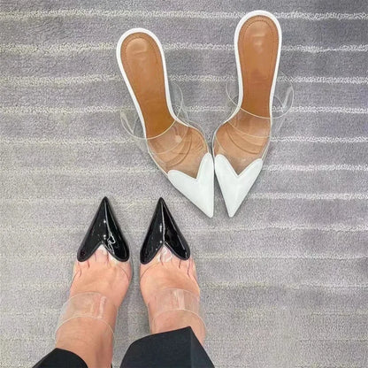 Elegant Pointed Toe Transparent PVC Heart High Heels Mules Slipper Shoes Women  Black White Red Shoes Luxury Designer Pumps