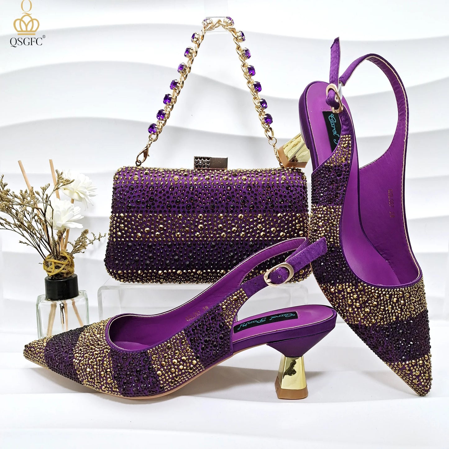 qsgfc nigerian women heel party ladies italian design green shoes and bag set decorated with rhinestone handbag wedding party