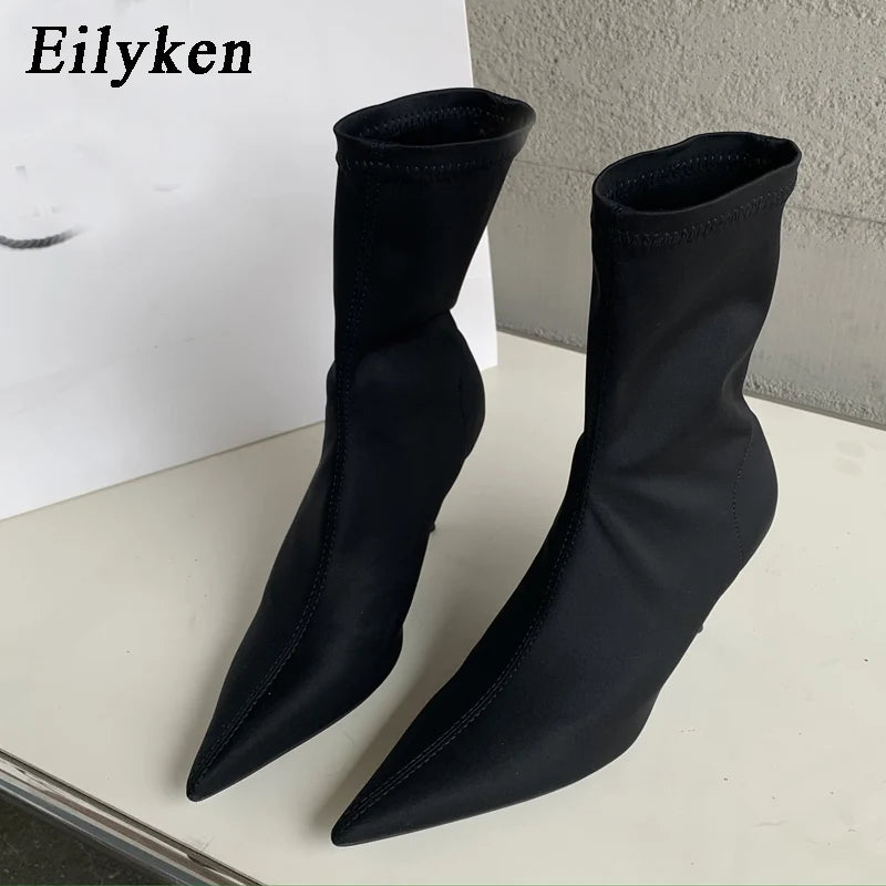 eilyken  new spring autumn stretch fabric women ankle boots sexy pointed toe high heels fashion female socks pumps shoes