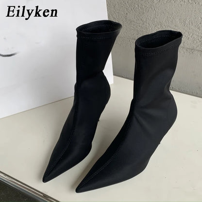 Eilyken  New Spring Autumn Stretch Fabric Women Ankle Boots Sexy Pointed Toe High Heels Fashion Female Socks Pumps Shoes