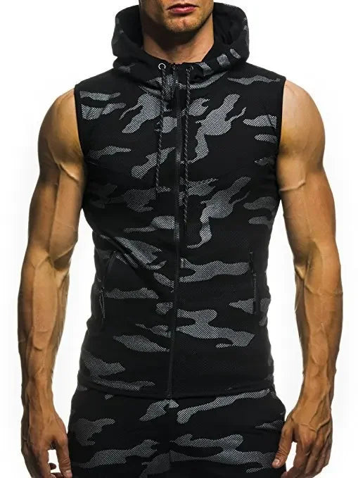 men summer hooded zipper vest mens clothes camouflage tank top fitness sweatshirt sportswear clothing sleeveless tanktop