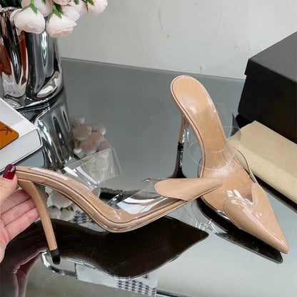 Elegant Pointed Toe Transparent PVC Heart High Heels Mules Slipper Shoes Women  Black White Red Shoes Luxury Designer Pumps