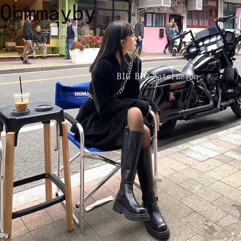 platform women knight long boots fashion warm fur shoes autumn winter square heels ladies knee high booties