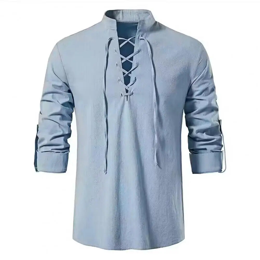 vintage lace up cotton linen men shirt tops long sleeve vintage slanted placket tee shirt casual t-shirt medieval viking top