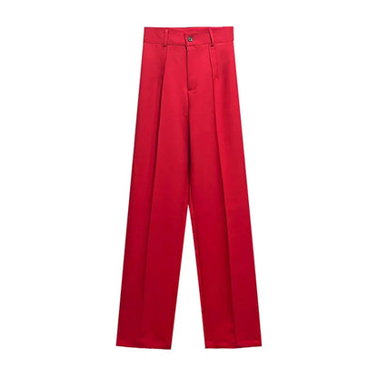 TRAF Women Chic Fashion Office Wear Straight Pants Vintage High Waist Zipper Fly Female Trousers Mujer