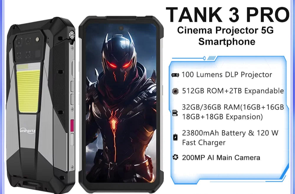 us eu mx warehouse unihertz tank 3 pro 8849 with 100 lumens 5g projector phone,32gb/36gb ram,512gb rom,23800mah 120w,200mp, nfc