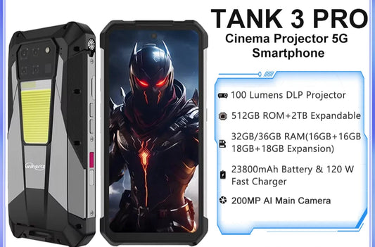 US EU MX Warehouse Unihertz Tank 3 Pro 8849 with 100 Lumens 5G Projector phone,32GB/36GB RAM,512GB ROM,23800mAh 120W,200MP, NFC