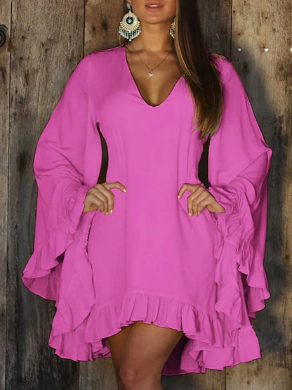 New V Neck For Women's Solid Color Dresses Spring Fashion Flared Long Sleeve Peplum Elegant Female Holiday Party Mini Dresses