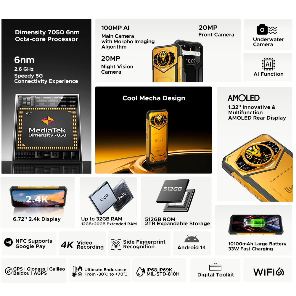 world premiere doogee s200 x 5g 12gb 512gb rugged phone mtk dimensity 7050 10100mah battery 33w 6.72” fhd+120hz ips screen