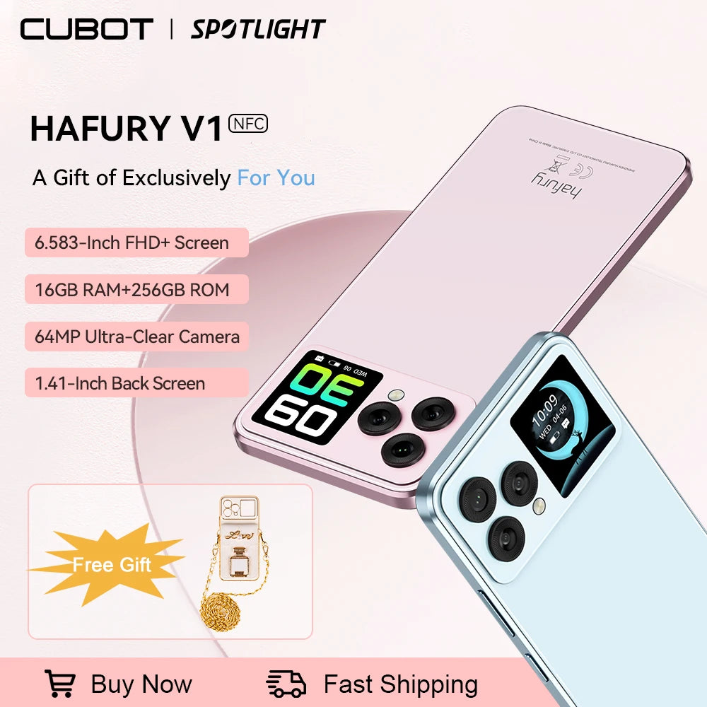 cubot hafury v1, smartphone android, 16gb ram(8gb+8gb), 256gb rom, dual screen, 64mp camera, nfc, global version, dual 4g phone