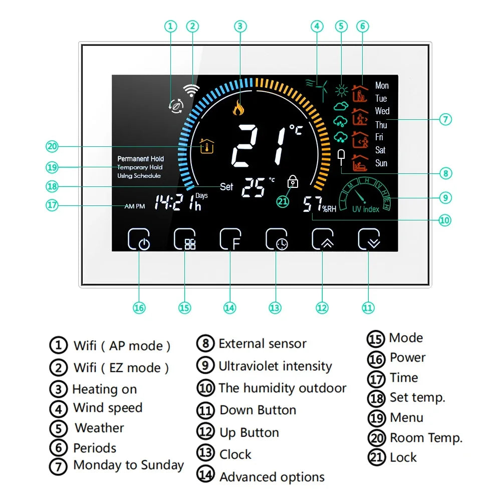 tuya wi-fi smart large colorful screen room  air thermostat programmable wifi for switch heating cooler bridge voice alexa