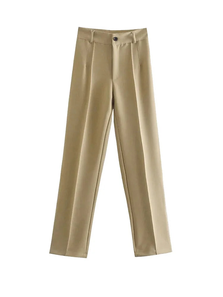 traf women chic fashion office wear straight pants vintage high waist zipper fly female trousers mujer