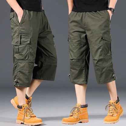 Men's Summer Cargo Shorts Loose Casual Elastic Waist below Knee Outdoor Tactical Capri Pants with Pockets