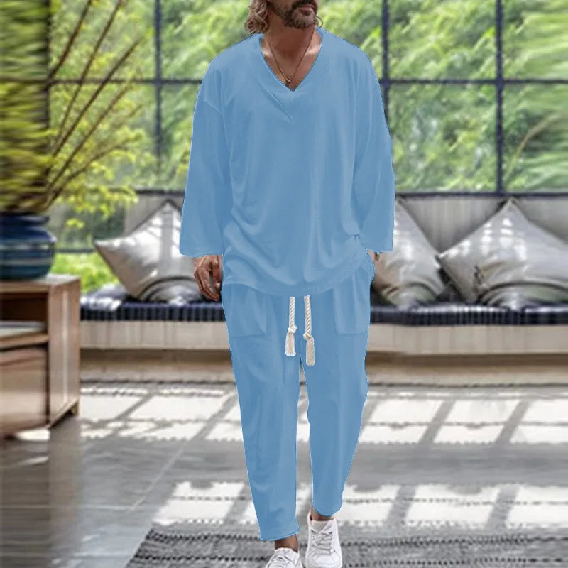 men's v-neck casual loose long sleeve shirt and pants set solid color spring/fall trend beach suit comfortable high-end cotton blend