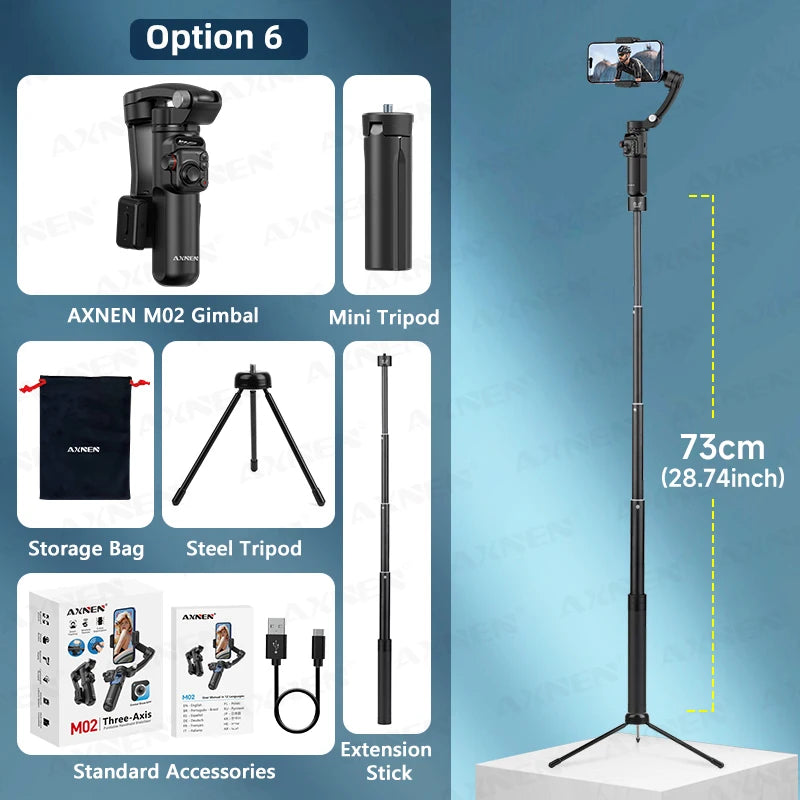 axnen m02 gimbal smartphone stabilizer 3-axis anti-shake video record handheld selfie gimbals for iphone android face tracking