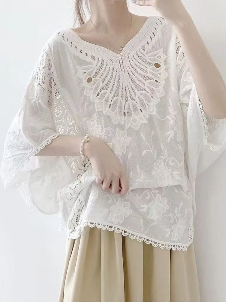 oversized summer v-neck t-shirts women lace embroidery hollow out patchwork fashion ladies blouses casual loose woman t-shirts