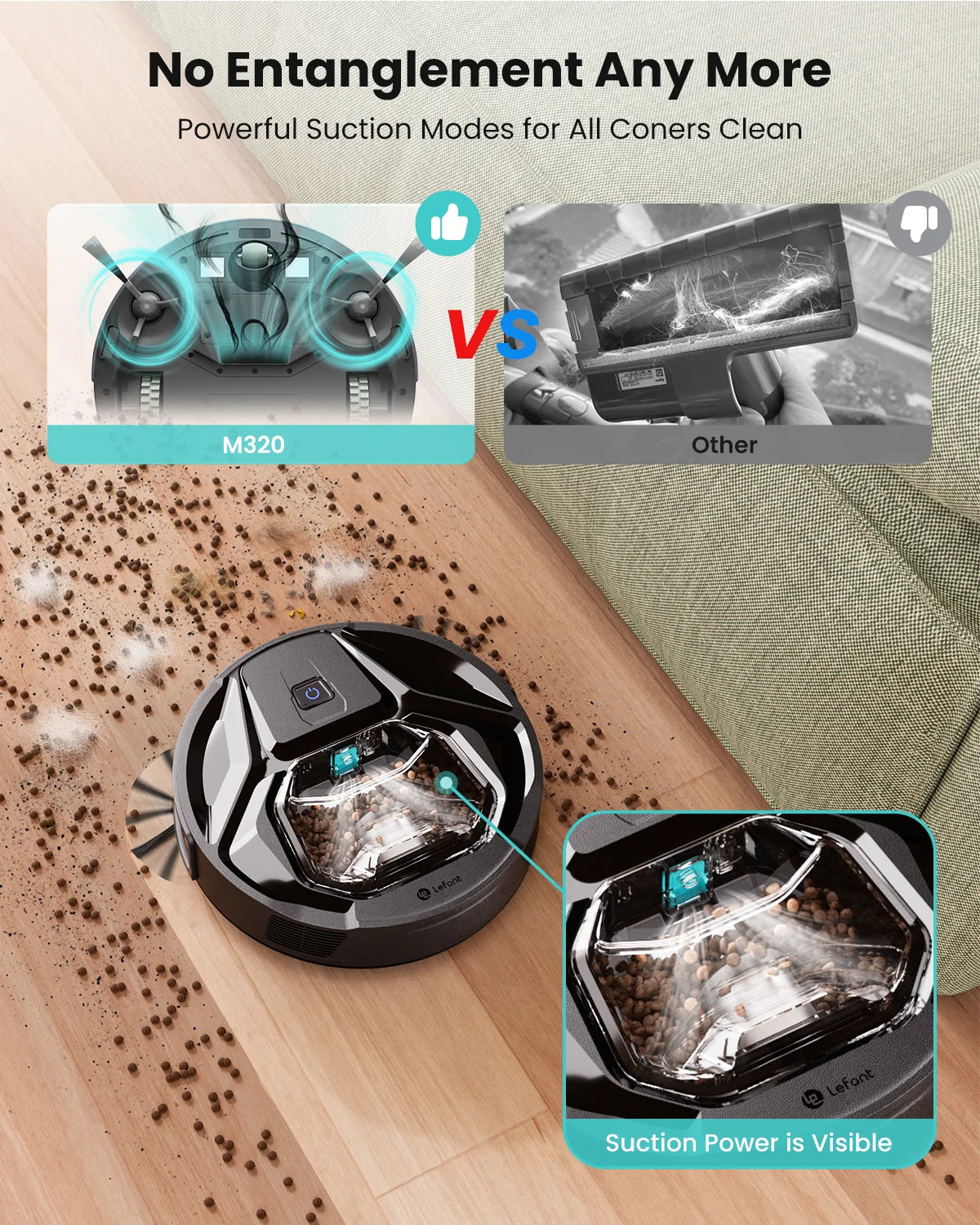 lefant m320 cordless robot vacuum cleaner and mop, 6000pa ,210 mins runtime,self-charging,ideal for hard floor, pet hair,carpet