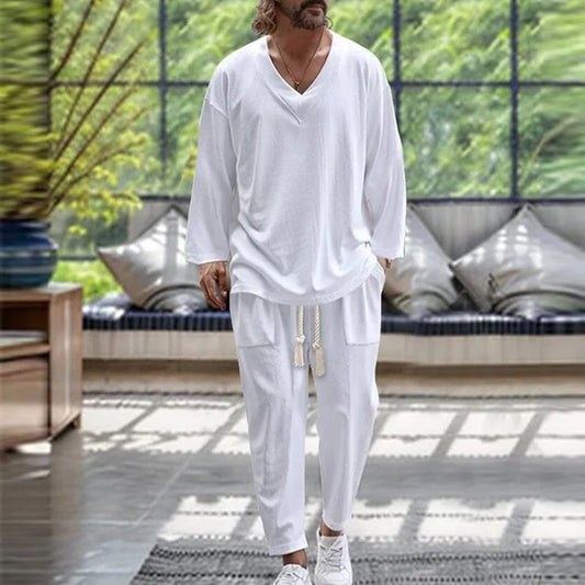 Men's V-neck Casual Loose Long Sleeve Shirt And Pants Set Solid Color Spring/Fall Trend Beach Suit Comfortable High-End Cotton Blend