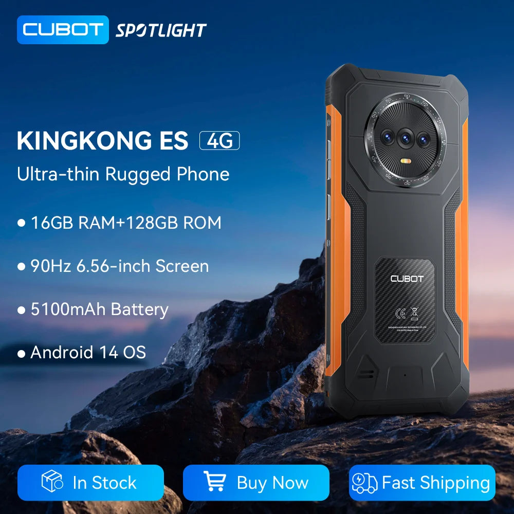 cubot kingkong es ultra-thin rugged android smartphone, 16gb ram(6gb+10gb), 128gb rom, 6.56" 90hz screen, 48mp camera, 4g phone