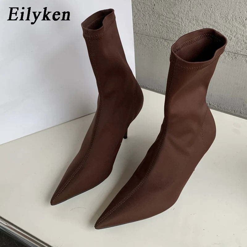 eilyken  new spring autumn stretch fabric women ankle boots sexy pointed toe high heels fashion female socks pumps shoes