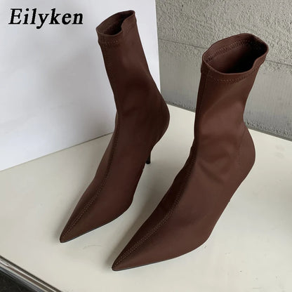 Eilyken  New Spring Autumn Stretch Fabric Women Ankle Boots Sexy Pointed Toe High Heels Fashion Female Socks Pumps Shoes
