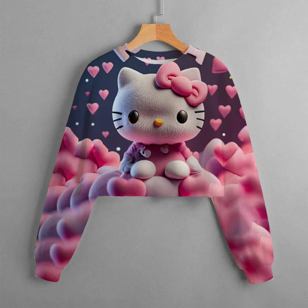 new hello kitty 3d printed cartoon printed women's sportswear casual short hoodie long sleeve top