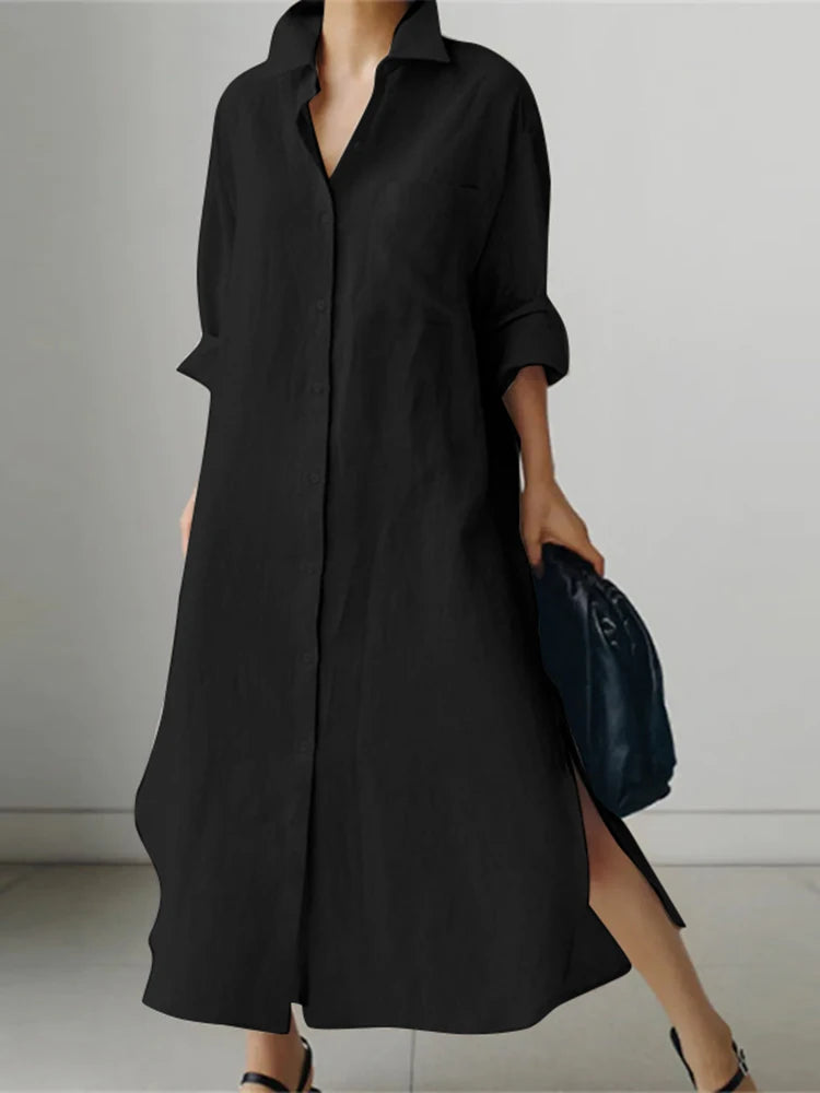 zanzea women dress long sleeve solid shirt sundress lapel neck buttons vestidos fashion loose maxi dresses vintage robe femme