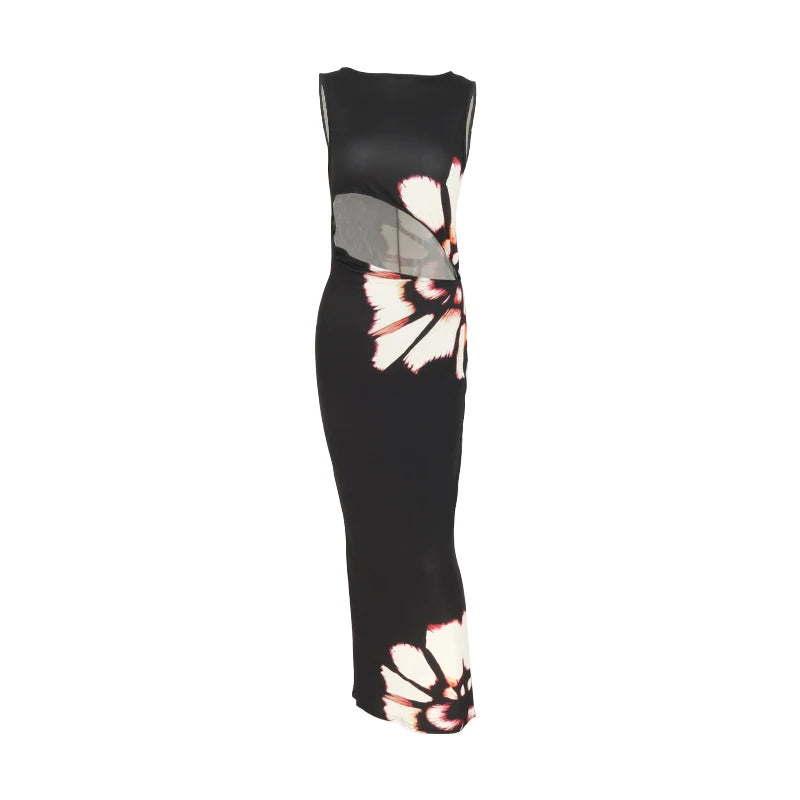 black dresses women summer new o-neck sleeveless sexy clubwear hollow out dress fashion print casual elegant slim female dresses