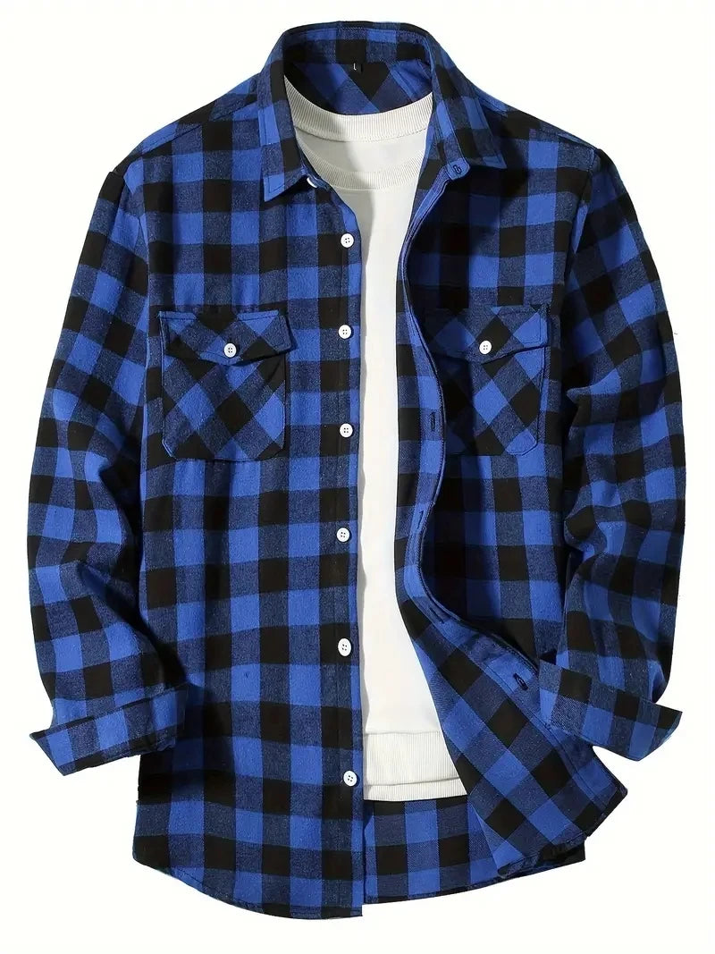 men's long sleeve shirt spring autumn fashion red plaid business casual fit flannel no iron turn-down collar polyester-rayon