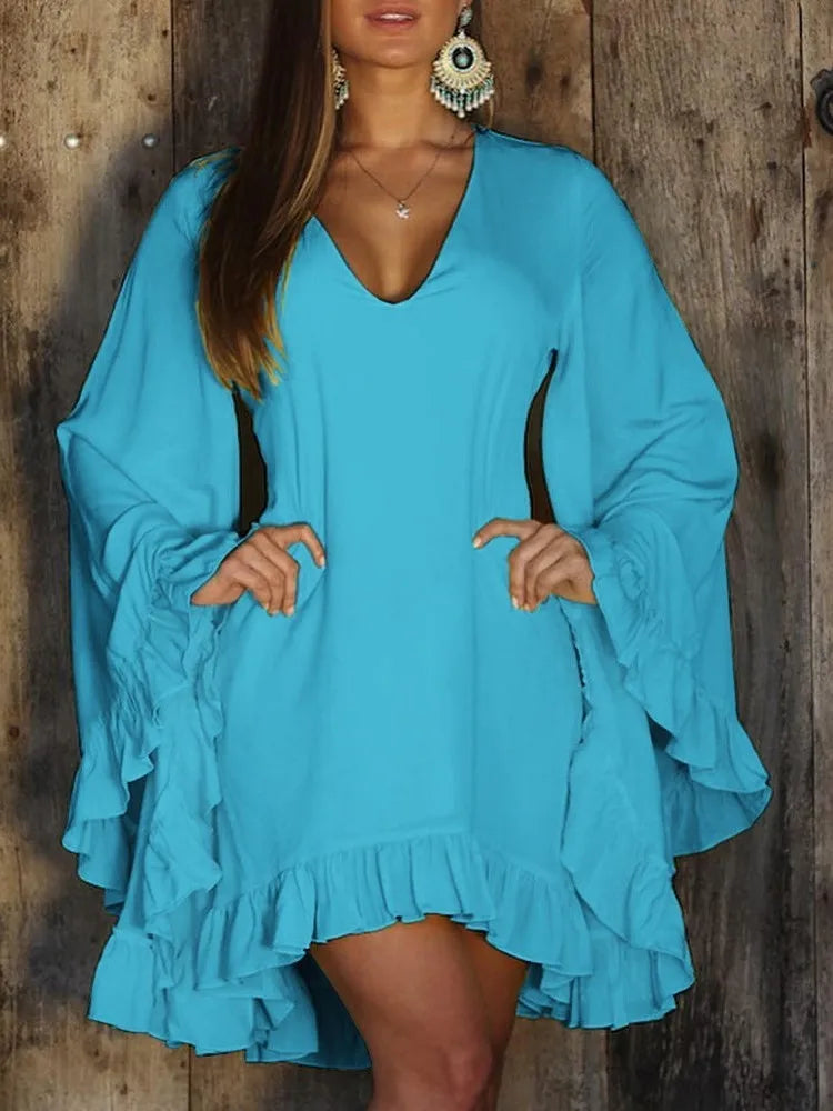 new v neck for women's solid color dresses spring fashion flared long sleeve peplum elegant female holiday party mini dresses