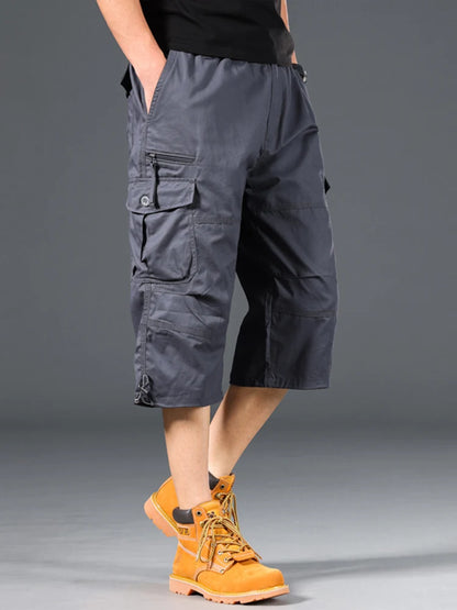 Men's Summer Cargo Shorts Loose Casual Elastic Waist below Knee Outdoor Tactical Capri Pants with Pockets