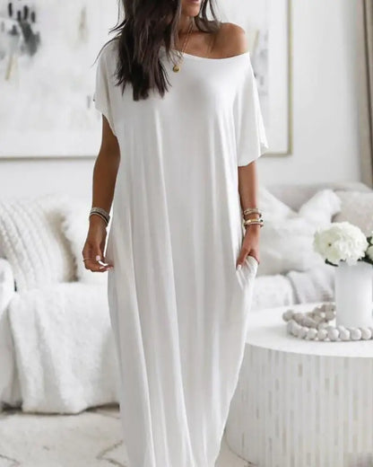 Summer Women's Loose Solid  Simple Daily Short Sleeves With Pockets Inclined Shoulder   short sleeved long casual dress