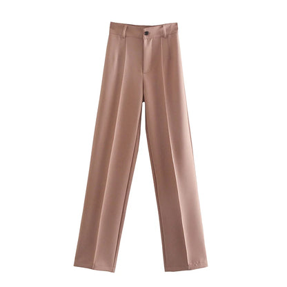 TRAF Women Chic Fashion Office Wear Straight Pants Vintage High Waist Zipper Fly Female Trousers Mujer