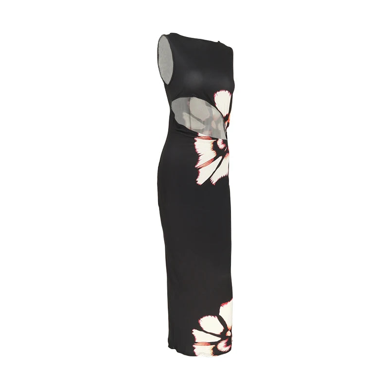 black dresses women summer new o-neck sleeveless sexy clubwear hollow out dress fashion print casual elegant slim female dresses