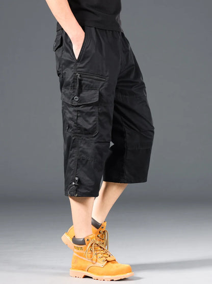 Men's Summer Cargo Shorts Loose Casual Elastic Waist below Knee Outdoor Tactical Capri Pants with Pockets