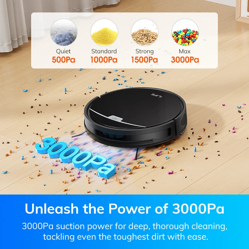ilife v9/v9pro robot vacuum, self-emptying, 3000pa strong suction, gyro navigation, schedule, app/alexa control, for pet hair