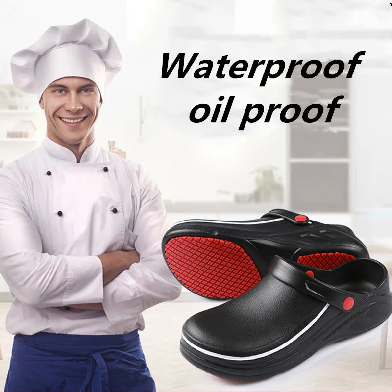men's slippers non-slip waterproof oil proof slippers women kitchen work cook shoes chef hotel big size 36-47