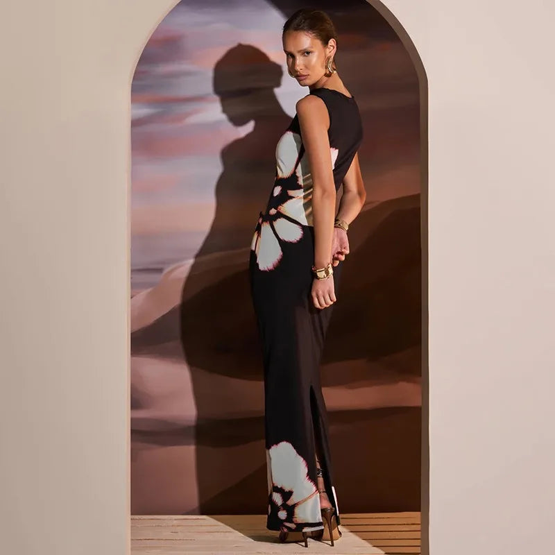 black dresses women summer new o-neck sleeveless sexy clubwear hollow out dress fashion print casual elegant slim female dresses