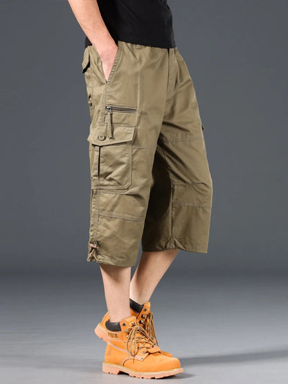 Men's Summer Cargo Shorts Loose Casual Elastic Waist below Knee Outdoor Tactical Capri Pants with Pockets