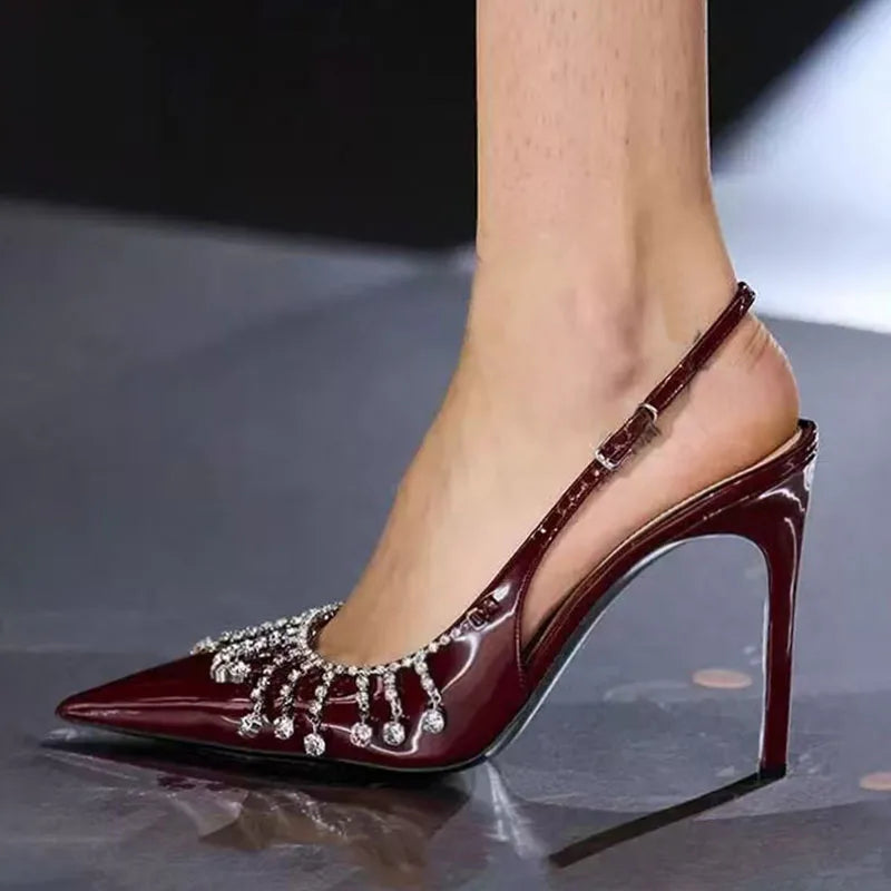 fashion rhinestones chain women stiletto heels shoes luxury female footwear pointed toe ladies super high heels pumps shoes