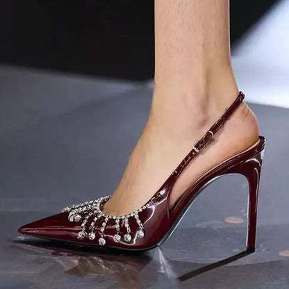 Fashion Rhinestones Chain Women Stiletto Heels Shoes Luxury Female Footwear Pointed Toe Ladies Super High Heels Pumps Shoes
