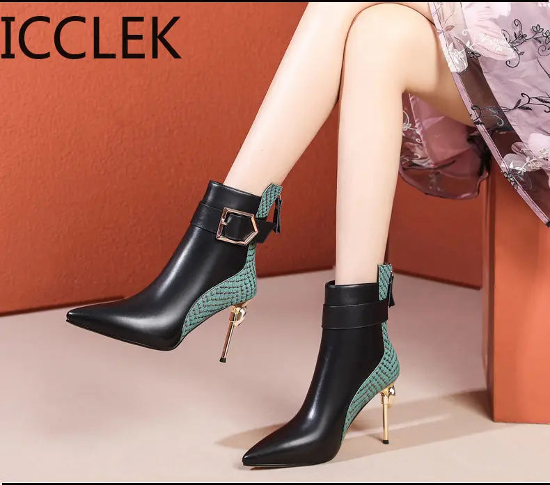 winter black soft leather women's boots retro belt buckle pointed toe  boots side zipper high heels shoes for women party