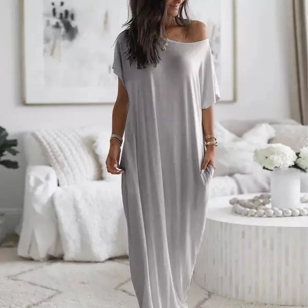 summer women's loose solid  simple daily short sleeves with pockets inclined shoulder   short sleeved long casual dress