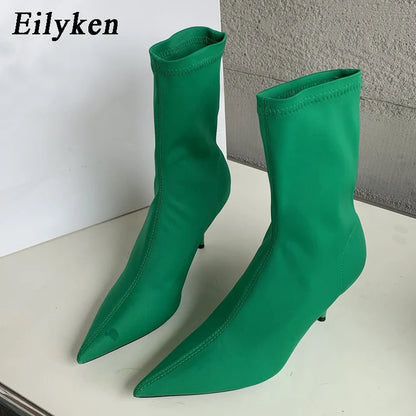 Eilyken  New Spring Autumn Stretch Fabric Women Ankle Boots Sexy Pointed Toe High Heels Fashion Female Socks Pumps Shoes