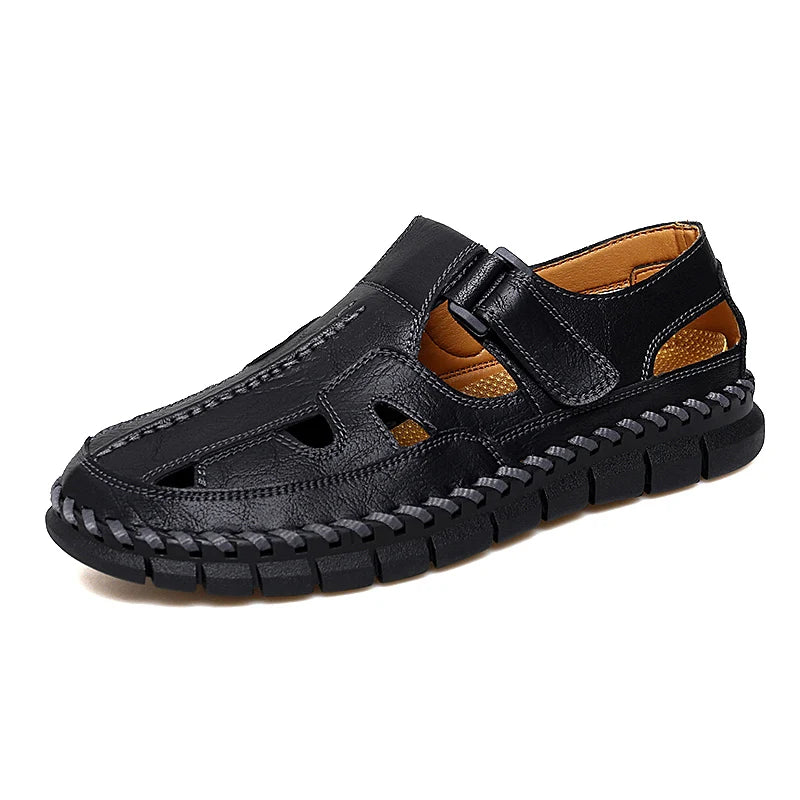 handmade leather  mens casual shoesclassic men sandals summer outdoor walking flats breathable man sandals versatile roma shoes