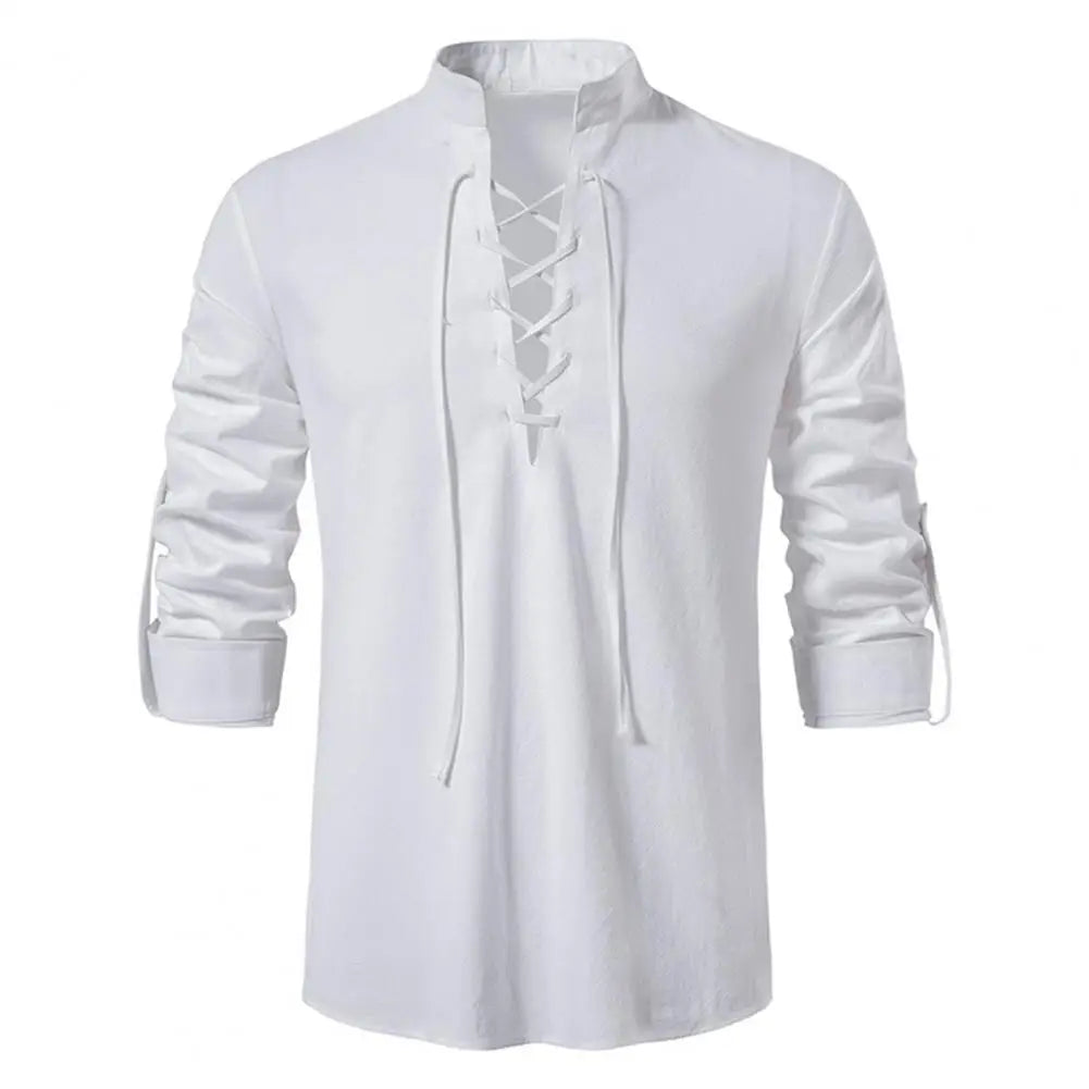 vintage lace up cotton linen men shirt tops long sleeve vintage slanted placket tee shirt casual t-shirt medieval viking top