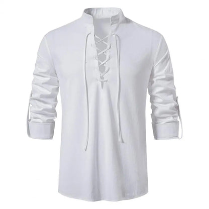 Vintage Lace Up Cotton Linen Men Shirt Tops Long Sleeve Vintage Slanted Placket Tee Shirt Casual T-shirt Medieval Viking top