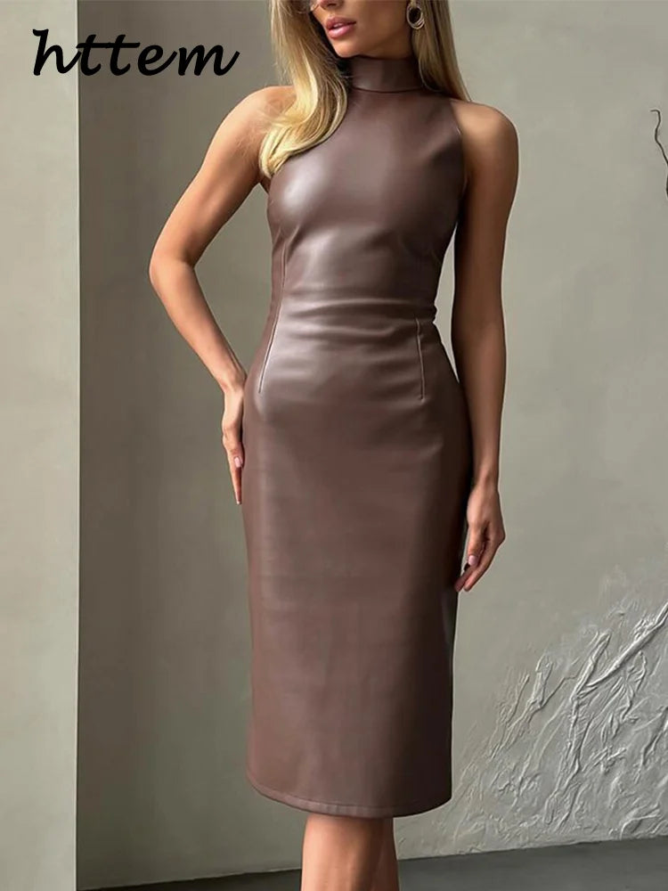 vintage midi leather dress women slim turtleneck sleeveless hip package female dresses spring lady elegant party vestidos