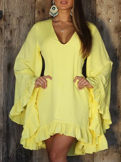 New V Neck For Women's Solid Color Dresses Spring Fashion Flared Long Sleeve Peplum Elegant Female Holiday Party Mini Dresses