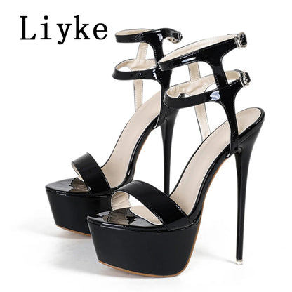 Liyke Sexy Red High Heels Platform Sandals For Women Fashion Double Buckle Strap Open Toe Wedding Banquet Shoes Big Size 45 46
